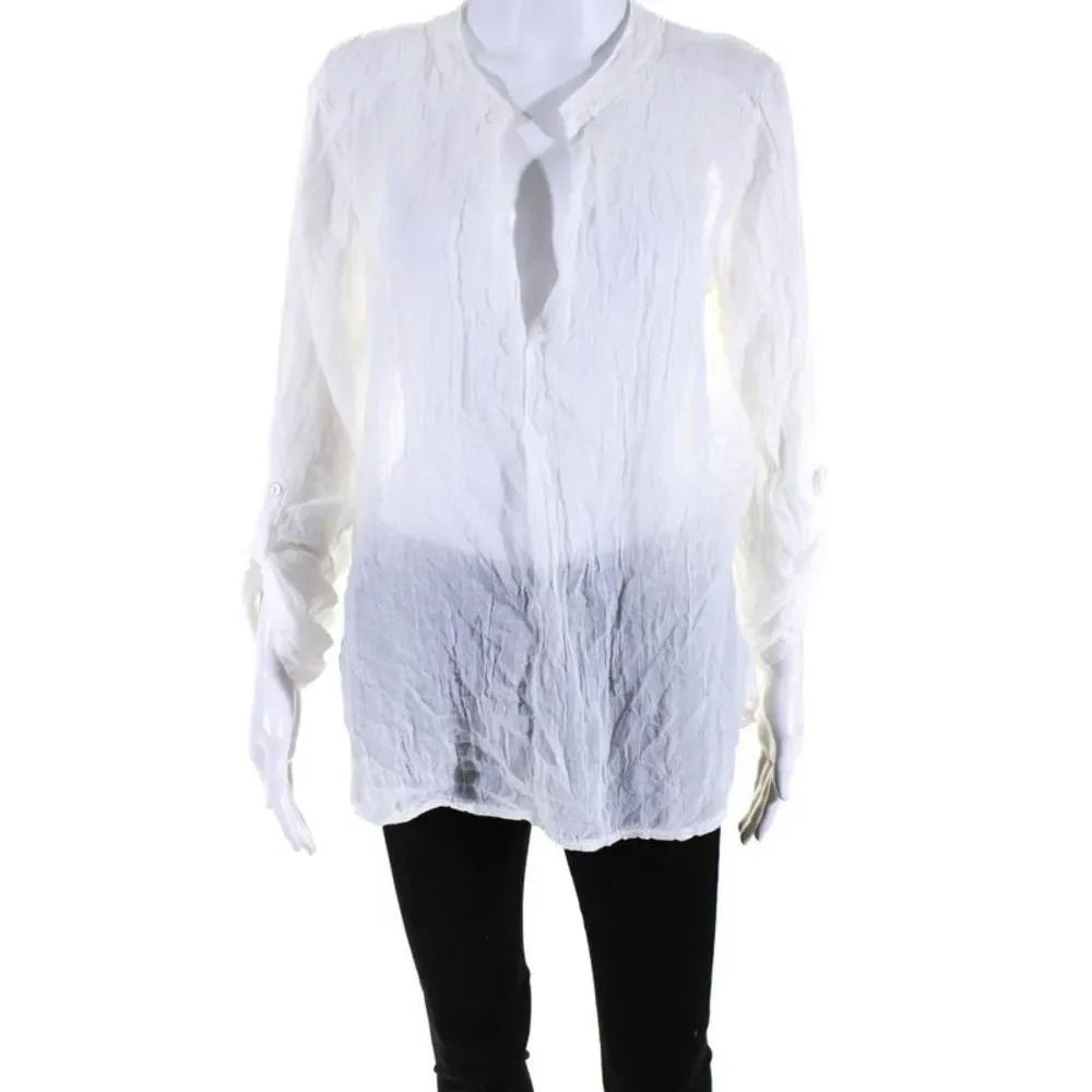 Designer Womens 3/4 Sleeve V Neck Oversized Shirt White Cotton Size Medium
